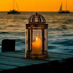 A photograph of a vintage brass nautical lantern sitting squarely on a weathered wooden dock