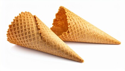 Two empty waffle ice cream cones on white background