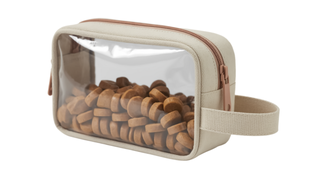 A product photograph of a clear plastic travel pouch with a beige canvas exterior. Isolated on a transparent background.