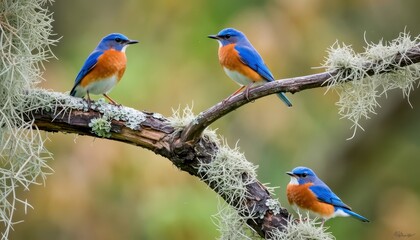Fototapeta premium Colorful bluebirds perched on branch forest setting wildlife photography natural habitat close-up view avian beauty