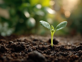 Fototapeta premium Tender Sprout Emerging from Dark Soil, Soft Sunlight.