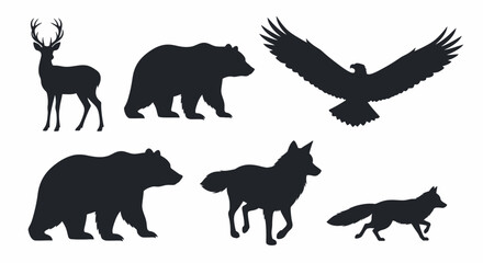 Naklejka premium Silhouettes of wild animals including deer, bears, eagle, coyote, and fox on a white background.