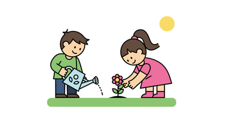 A cartoon boy and girl happily planting and watering a small flower together in a garden under the sun.
