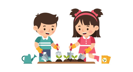 Two children planting seedlings in a garden, with gardening tools and a watering can nearby.