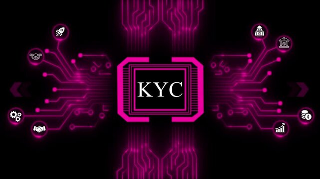 Pink Circuit Board with Business and Technology Icons and the Acronym KYC futuristic digital