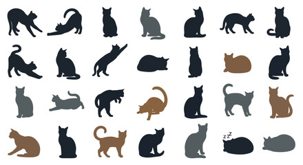 A collection of diverse cat silhouettes in various poses, showcasing different breeds and playful actions.