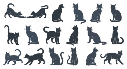 Collection of black cat silhouettes in various poses, isolated on white.