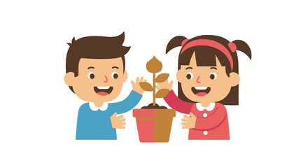 Two happy children, a boy and a girl, are tending to a small potted plant together, symbolizing growth and teamwork.