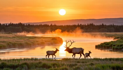 Elk family walking by serene river at sunset in nature scenic landscape peaceful environment wildlife view