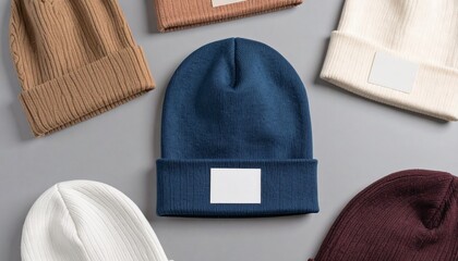 A stylish collection of various colored knitted beanies, perfect for winter fashion and customizable branding, displayed neatly on a neutral background