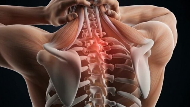 Anatomical illustration of severe upper back and neck pain showing muscle tension and spinal inflammation in the cervical and thoracic vertebrae of a human male anatomy