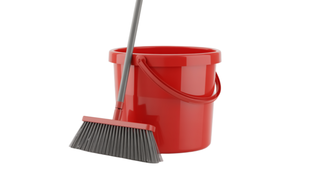 A product photography shot of a bright red plastic bucket with a built-in handle against on a transparent background. 