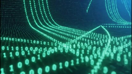 Dynamic flow of glowing binary code streams through digital landscape representing data transmission and technological advancement - Powered by Adobe