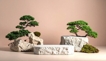 Minimalist Zen garden with stone podium