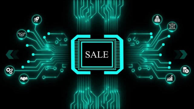 Central processor with the word SALE and surrounding business icons connected by glowing circuit board lines on a black background