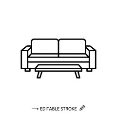 Minimalist Sofa and Coffee Table Line Art for Interior Design Projects Editable Stroke Style Vector Graphic Resource Element