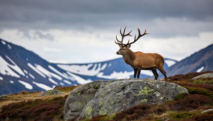 Obraz premium Majestic stag standing on rock in scenic mountain landscape nature photography outdoor adventure wide-angle view