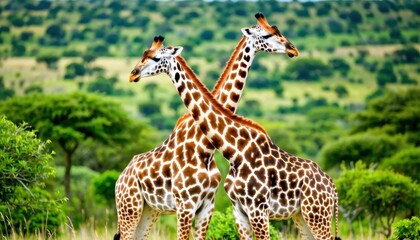 Fototapeta premium Giraffes interacting in the wild african savannah wildlife photography natural environment close-up perspective