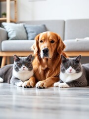 Obraz na płótnie Canvas Playful pets golden retriever and cats relaxing indoors cozy home environment heartwarming scene