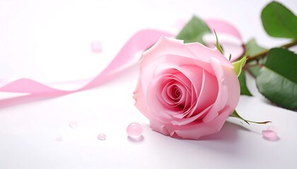 A delicate pink rose rests gracefully, accented by a flowing ribbon and glistening water droplets, creating a soft and romantic aesthetic.