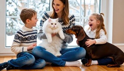 Family fun with pets indoors living room lifestyle photography cozy winter environment joyful interaction
