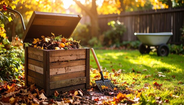 Compost bin filled with fallen autumn leaves in a sunlit garden, with a wheelbarrow in the background
