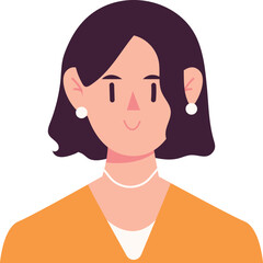 Cartoon Woman with Bob Haircut Pearl Earrings and Orange Top.