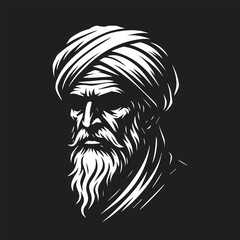 vector silhouette of the head of an ancient old middle east man wearing a turban in black background