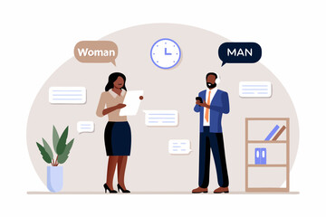 Diverse business professionals communicating and working together in a modern office environment with chat bubbles and a clock