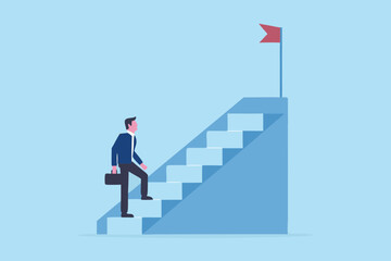 Businessman climbing stairs towards a red flag symbolizing success and achievement