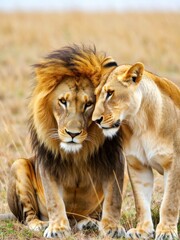 Fototapeta premium Majestic lions embracing in the african savanna wildlife photography natural habitat close-up perspective