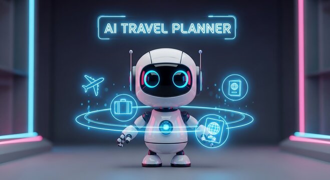 Cute robot assistant helping with travel planning using artificial intelligence