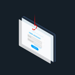Phishing attack concept Login screen with a fish hook.