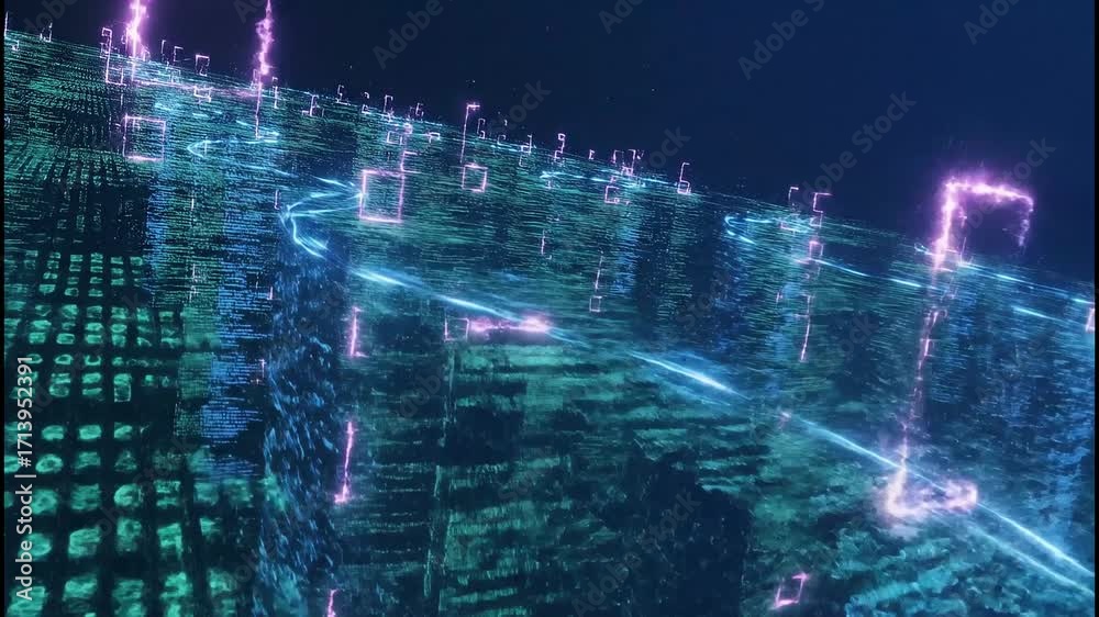 Wall mural dynamic digital data stream flows through glowing abstract cyberspace networks, representing innovat