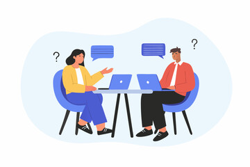 Two people sitting at a table with laptops discussing a problem with question marks and speech bubbles overhead