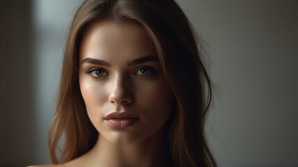 Thoughtful Portrait of a Woman with silky Hair and Neutral Expression
