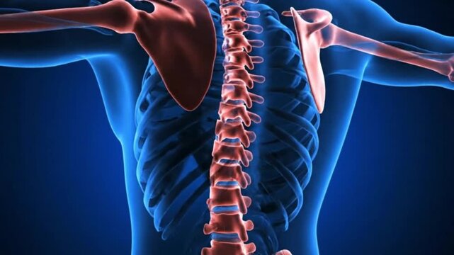 Anatomical view of the human upper back skeleton showing the spinal column thoracic vertebrae scapulae clavicles and rib cage for medical examination