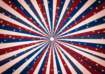 A vibrant burst of red, white, and blue radiates outward, adorned with scattered gold stars, creating a patriotic and festive background, perfect for celebrating national pride and independence