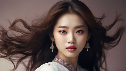 A korean model, hair is blowing behind