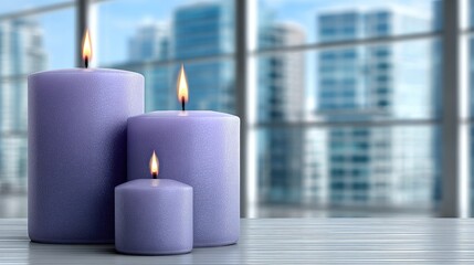 Three lit lavender candles on a table, city view