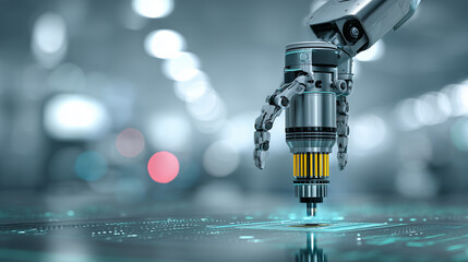 intricate machinery at work: A detailed view of a dark-colored robotic arm performing a precise task on a table filled with electronic elements highlighted by strategic blue lighting.