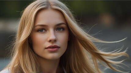Long smooth brown hair flows beautifully as the girl poses gracefully in a bright studio, radiating elegance and charm
