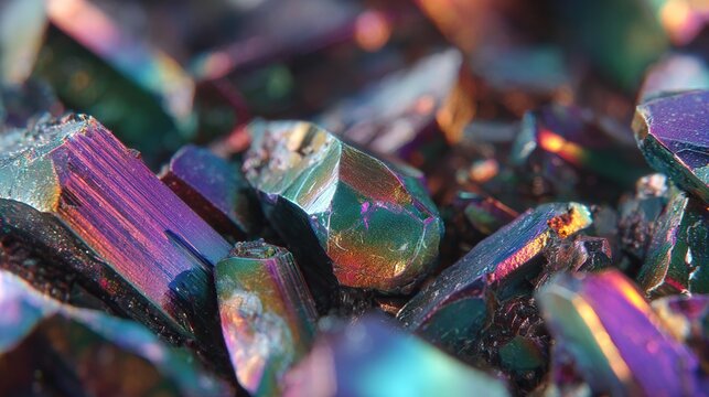 Iridescent crystals in close-up, showing vibrant colors and texture in a detailed view