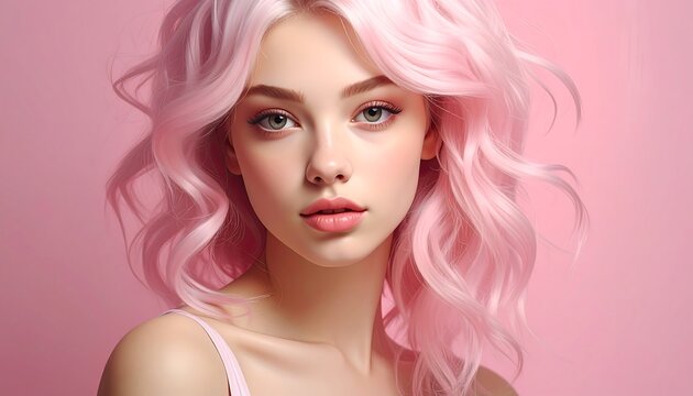 A young woman with vibrant pink hair, presenting a captivating beauty shot against a soft pink background.
