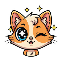 Animated Feline: An adorable cartoon cat with big, expressive eyes and a playful wink exudes charm and cheerfulness, surrounded by twinkling stars. 