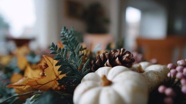 Cozy autumnal still life, pumpkins and pinecones whispering Thanksgiving warmth, nature's quiet symphony, enchanting Samhain celebration vibes