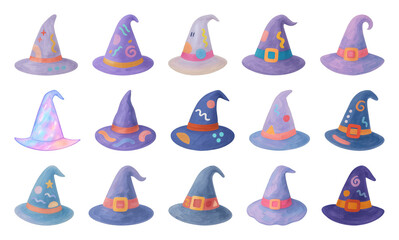 Fototapeta premium PNG Colorful whimsical witch hats collection, element set on transparent background
