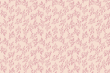 Seamless vector pattern with delicate pink branches and leaves on soft beige background. Elegant botanical design for textiles, wallpapers, and packaging