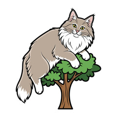 Cat on a tree: An adorable feline perches gracefully on a tree branch, its soft fur and alert eyes conveying a sense of curiosity and playful spirit in this illustrative composition.
