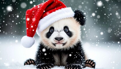 panda bear sits in the snow wearing Santa hat